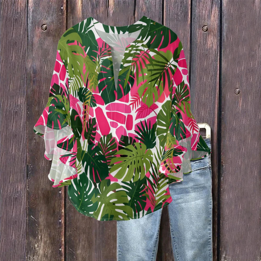 Women's Resort Wear Blouse Gold Pink Tropical Palm Leaf Print Shirt V-Neck Boho Flounce Sleeve Top for Beach Vacation Holiday