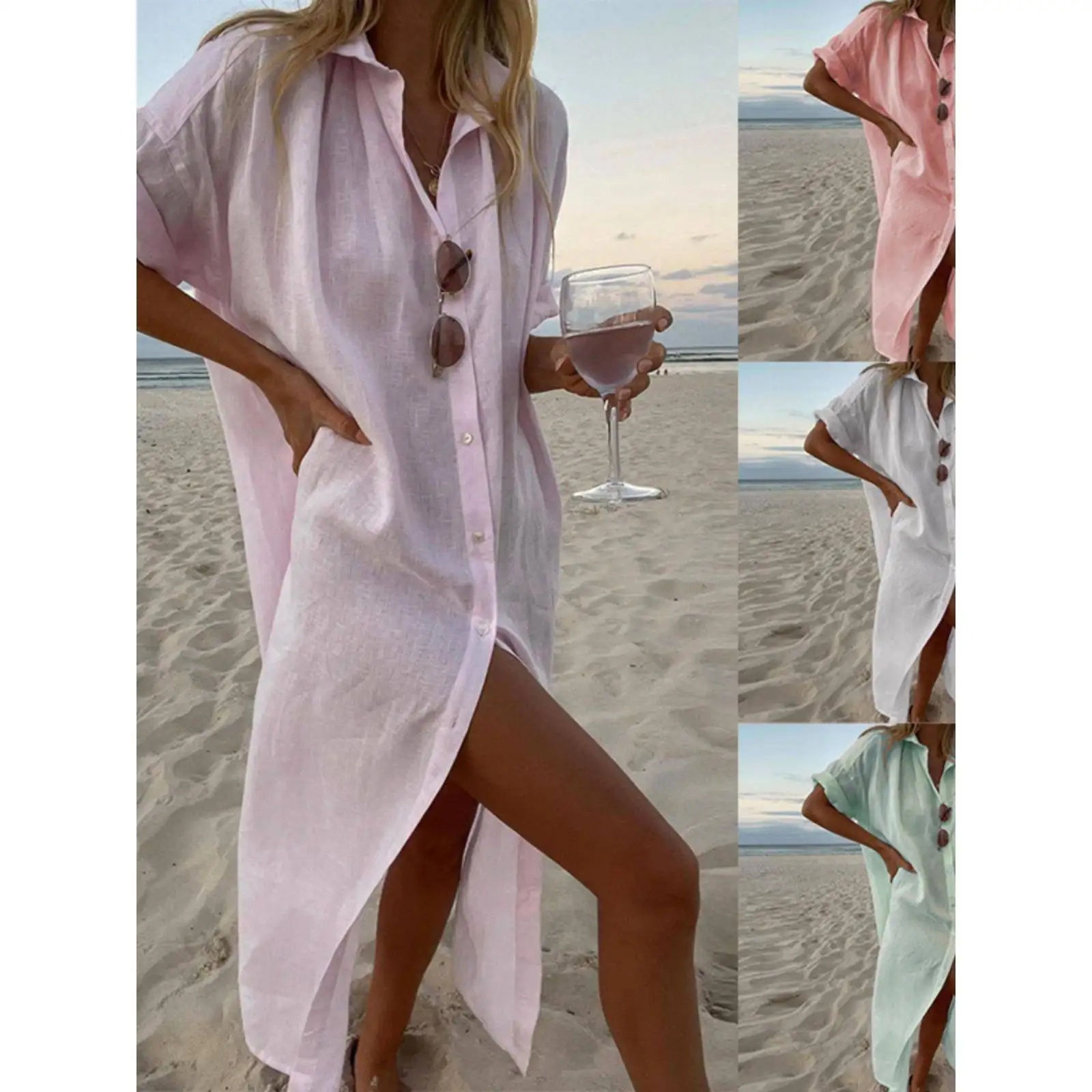 

Women's Pure Color Casual Long Sve irt Dr Tee-Quarter Length Button-Up Skater Dr for Ci Walks And Winter Wear