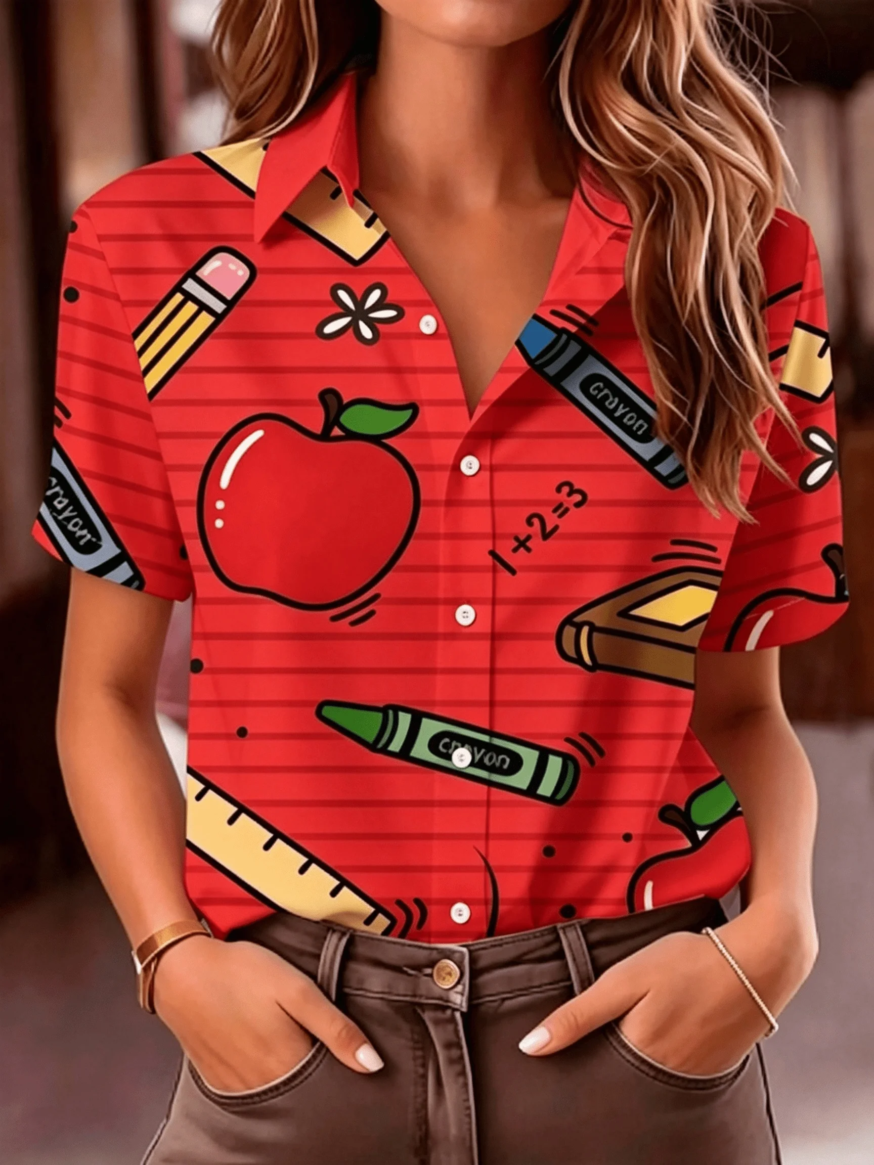 Damen-Langarmshirt mit Cartoon-Apfel- und Schreibwaren-Print, lässig, normale Passform, bequem, vielseitig, für Pendler, für den täglichen Gebrauch – Detail 3