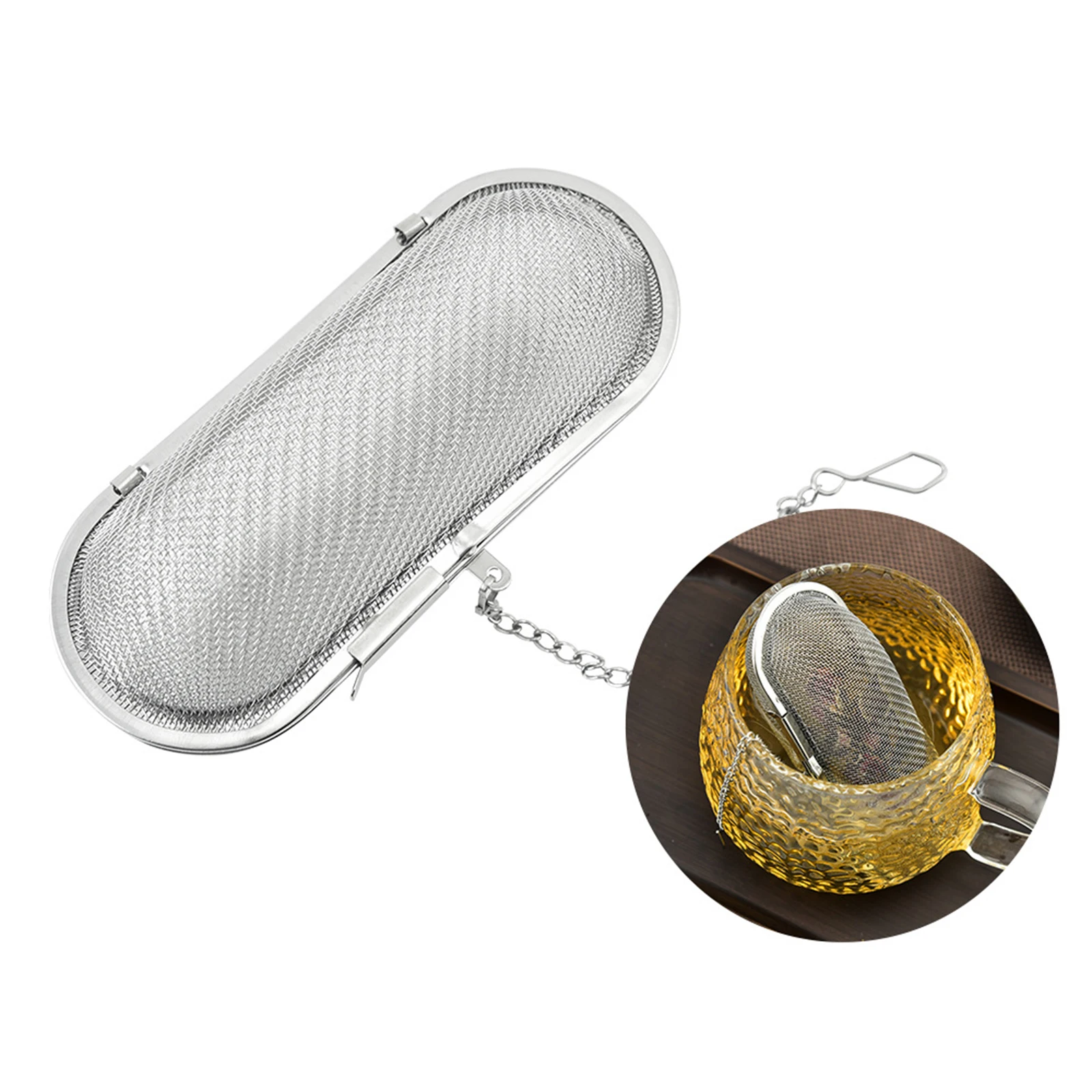 Stainless Steel Tea Strainer Oval Reusable Loose Leaf Tea Steeper with Chain 4.33x1.77 Inch for Spices and Seasonings