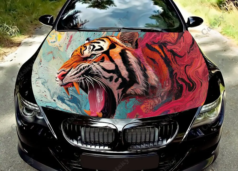 

Angry Tiger with Killing Car Hood Vinyl Stickers Wrap Film Engine Cover Decals Universal Auto Accessories Hood Protective Film