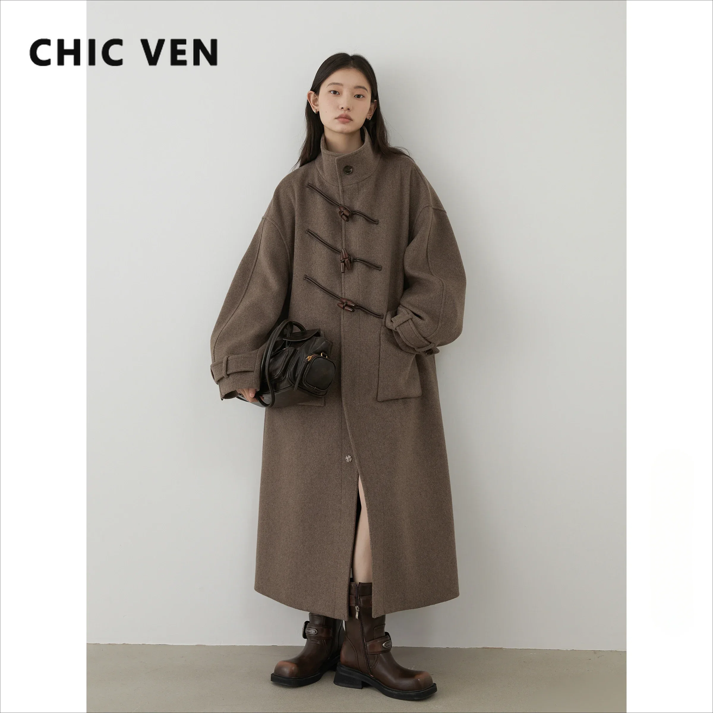 CHIC VEN Women Long Woolen Coats Single Breasted Loose Stand Collar Cow Horn Buttoned Office Ladies Overcoat Autumn Winter 2024