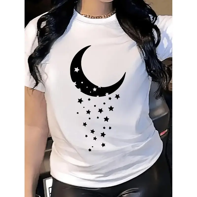 

Chic Moon & Stars Graphic Tee Women's Summer Crew Neck Short Sleeve Top Elegant Loose Fit Casual T-Shirt Versatile Daily Wear