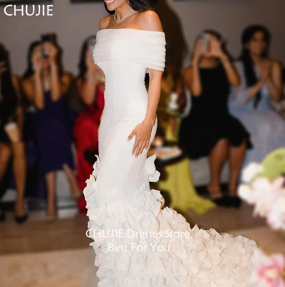 チュールオフショルダーブライダルガウン、花柄ボディコンスパンデックスウェディングドレス、女性用エレガントカスタムメイドブライドドレス、ウェディングドレス（Vestido de novia）