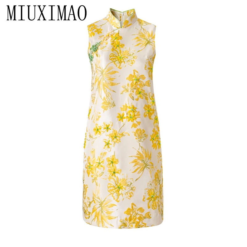 MIUXIMAO 2026 Chinese styles Slim  Summer Dress  Yellow Flower Leaf Jacquard A-Line Mini Diamonds Dress Women Vestido Fashion