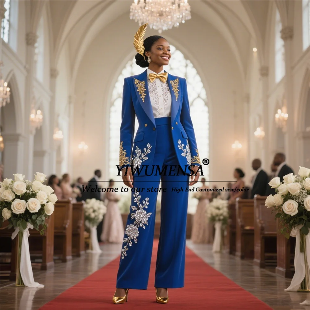 Metallic Jewelry Ornament Burgundy Women Pants Suit 2 Pieces Double Breasted Prom Tuxedos Customized Mother Of Bride Dresses