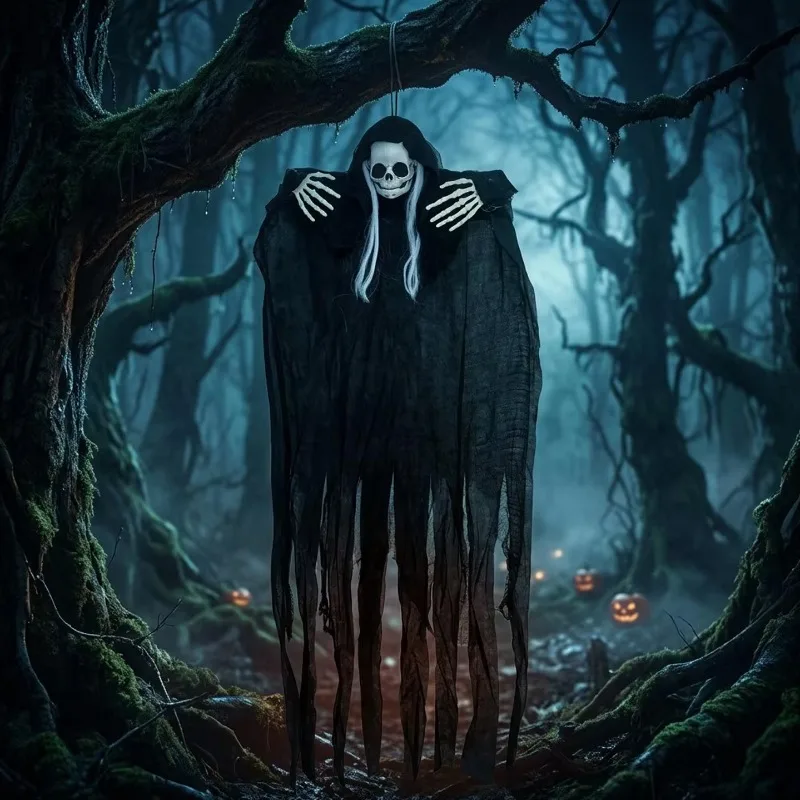Halloween Hanging Skeleton Reaper Prop Tattered Flowing Gauze Poseable Skeleton Hands for Outdoor Yard Indoor Haunted House Horror Theme Decor Collectors