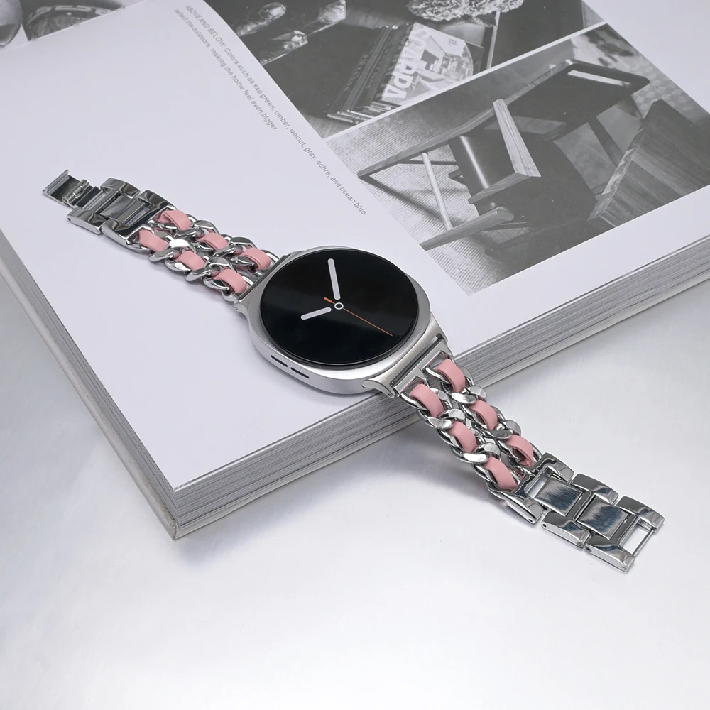 삼성 갤럭시 워치8 44mm 40mm 여성용 스테인리스 스틸 가죽 밴드, 갤럭시 워치8 40 44mm 패션 스타일 메탈 스트랩