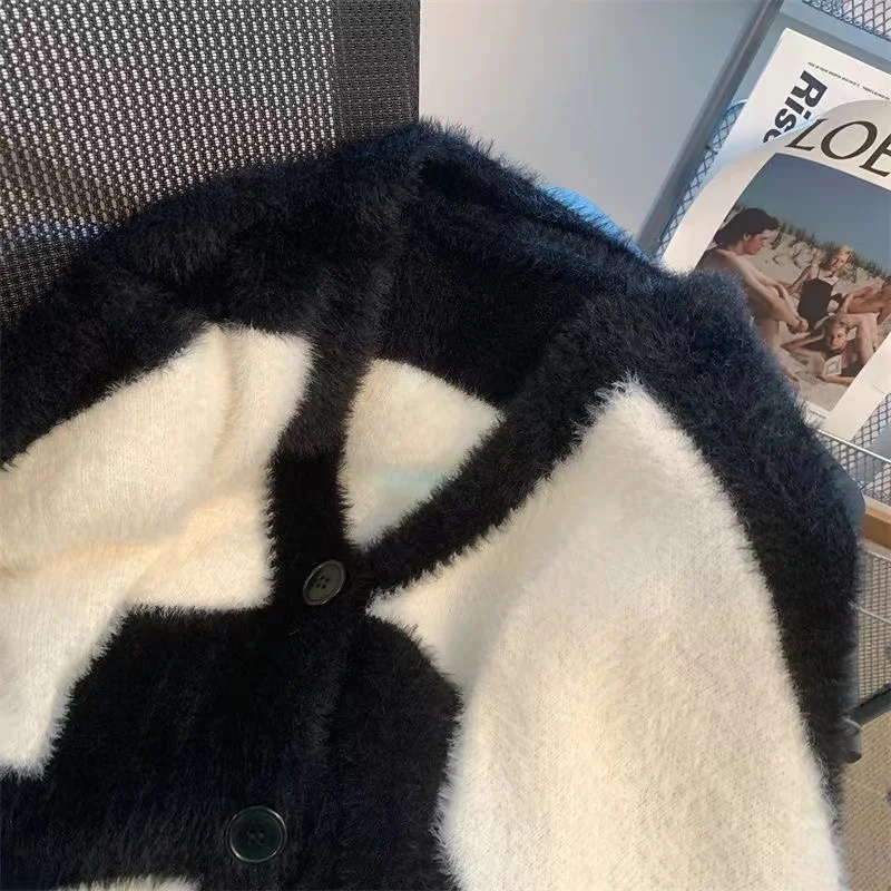 

V-Ne Knitted Sweater Long Sve Plaid Color Blo Soft Fluffy Middle-Length Open Cardigan for Men And Women Casual Winter ...