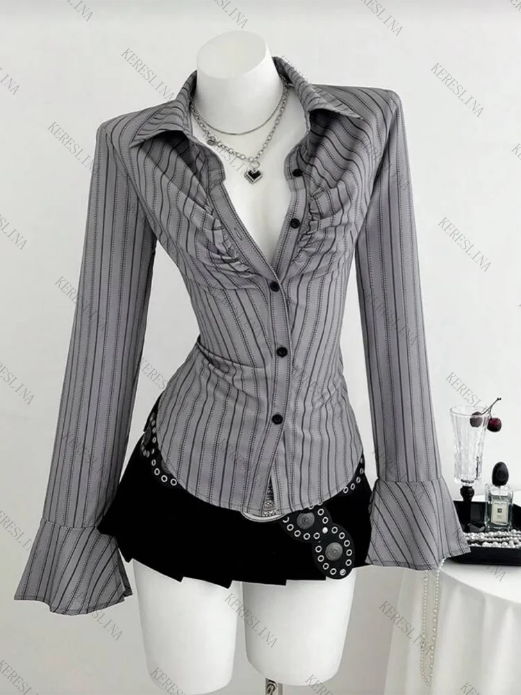 Women's Striped Long Sleeve Tops Streetwear Casual Sexy Y2K Vintage Hip-Hop Rock Harajuku 2000s Aesthetic Slim Women's Tops emo view 3