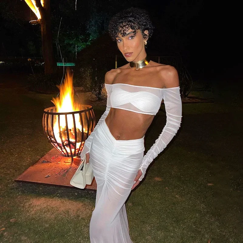 White Mesh Skirt Set Women Strapless Crop Top and Maxi Skirt Outfits Summer Sexy See Through Club Party Holiday 2 Piece Set 2024