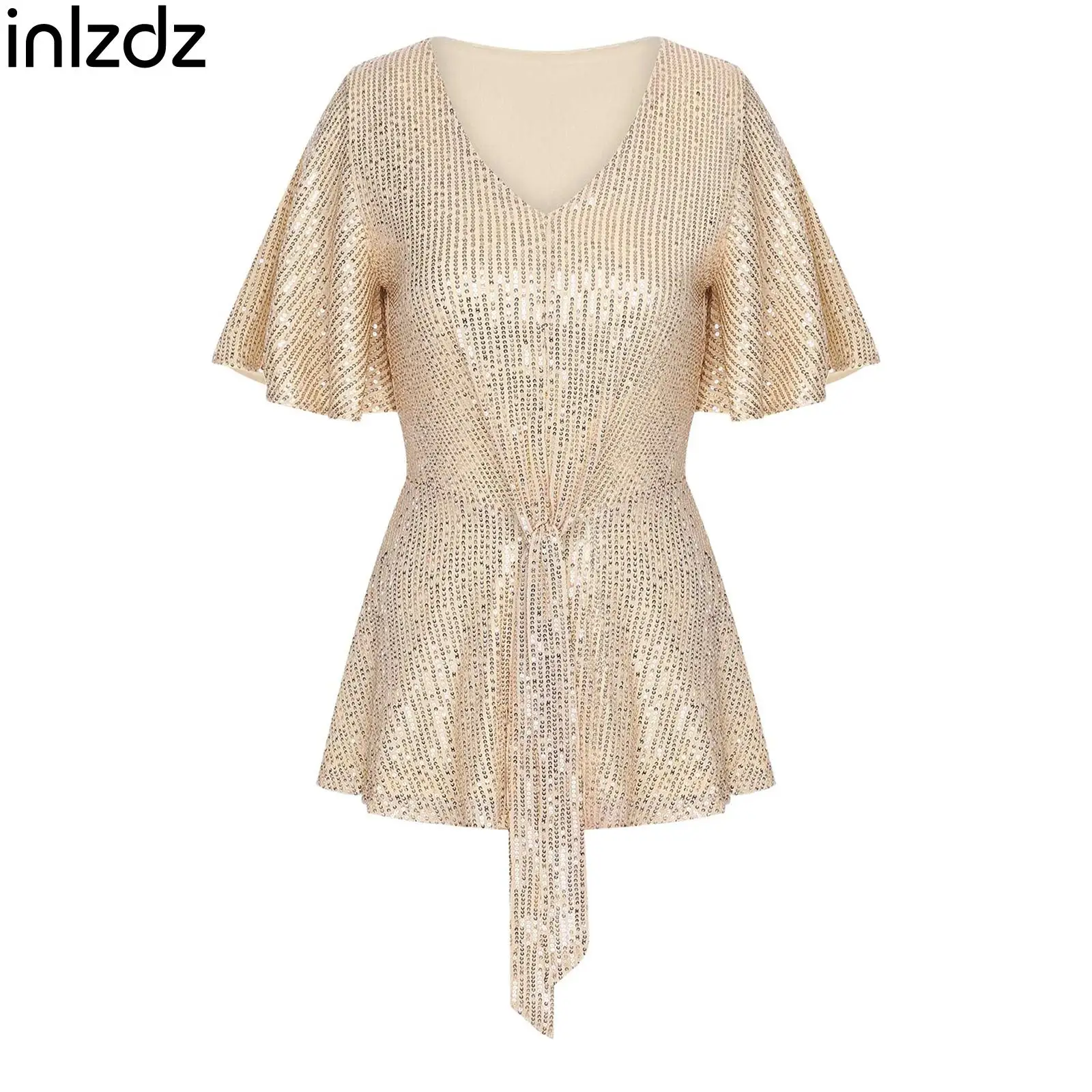 

Womens Shiny Sequins Top Outings Office Work Dates Costumes V-Neck Short Flared Sleeves Waist Tie Top Party Daily Wear Beachwear