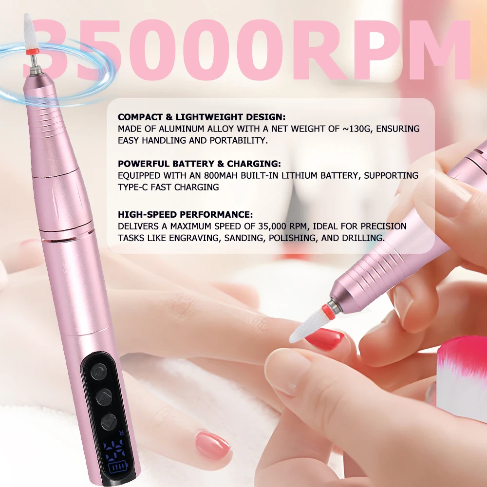 Professionele oplaadbare draadloze nagelboorpen - 35000 RPM elektrische nagelvijl met hoge snelheid en LCD-display voor manicuregereedschap