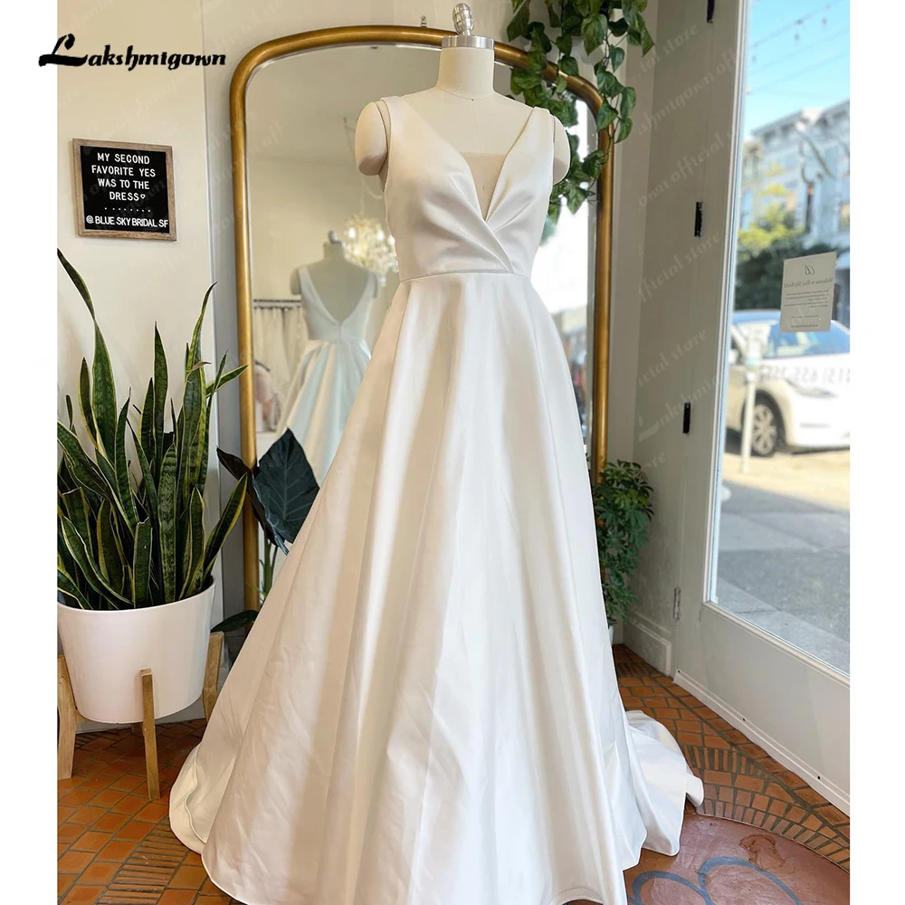 

Lakshmigown, простое пляжное свадебное платье трапециевидной формы, новое атласное свадебное платье Mariage с глубоким вырезом и v-образным вырезом, платье de casamento