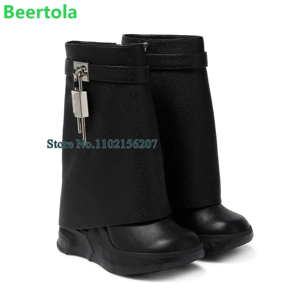 Thick Sole Lock Luxury Design Shark Boots For Female 2024 New Round Toe Mid-calf Fashion Runway All-match Hot Sale Shoes