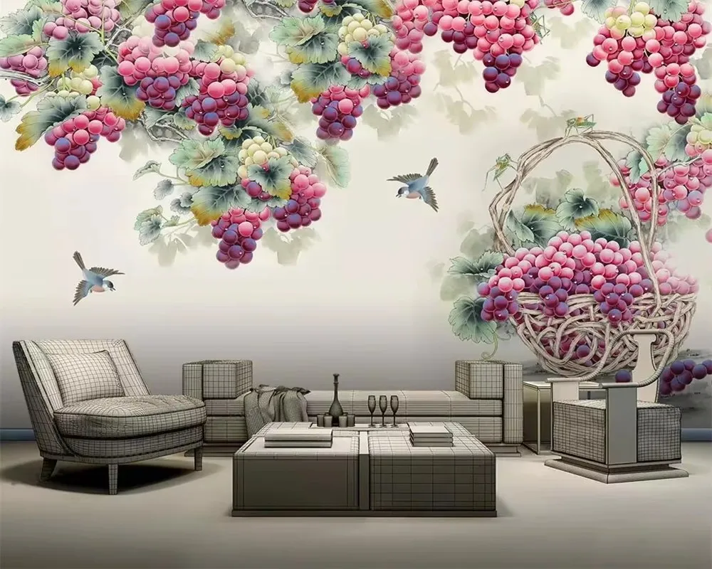 

Customized size wallpaper hand-painted fruit purple grape mural home decoration fruit vine decoration painting 3d wallpaper