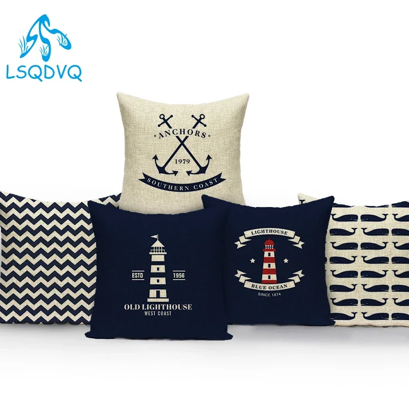 Decorative Throw Pillows Nordic Navigation Lighthouse Anchor Blue Geometric Polyester Pillows Cover For Sofa Home Almofadas