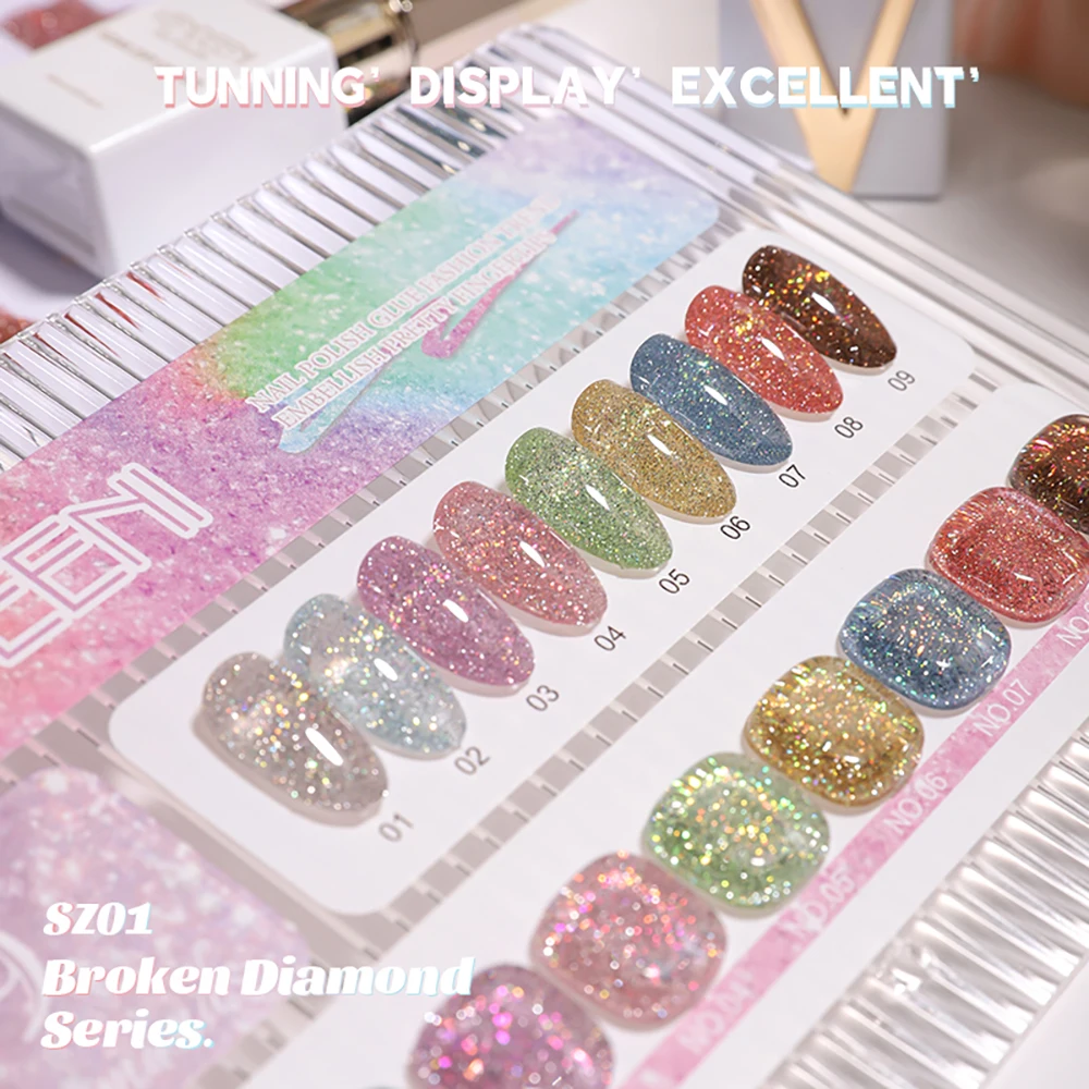 Vendeeni 9 Farben/Set Regenbogen Glitzer Gebrochener Diamant Gel Nagellack UV LED Aushärtbarer Gel-Lack Flash Nail Art Gel mit Display – Detail 18