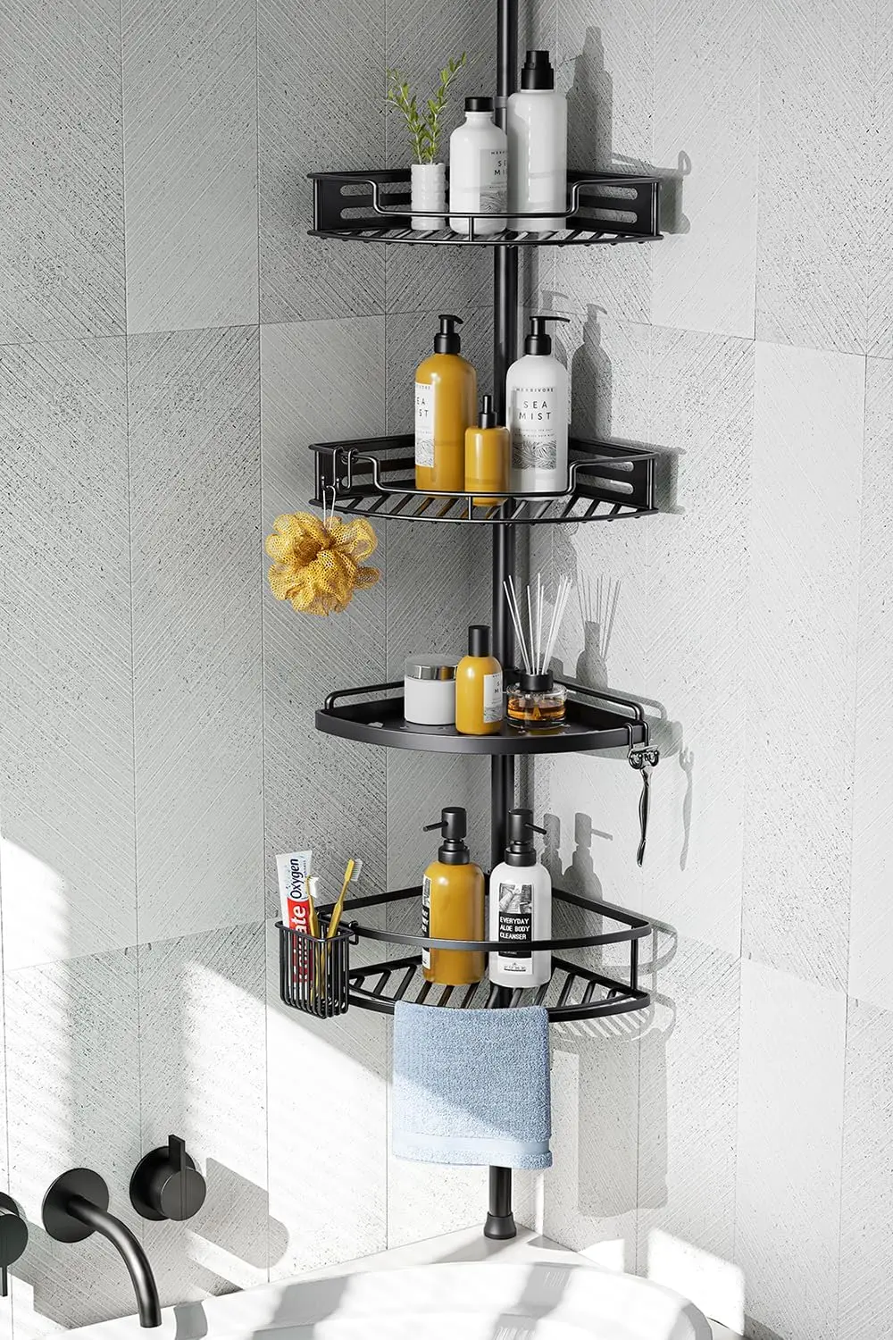 itor Corner Shower Caddy Tension Pole: Quick Installation 4-Tier Rustproof Bathroom Organizer Shelves For Bathtub Shampoo