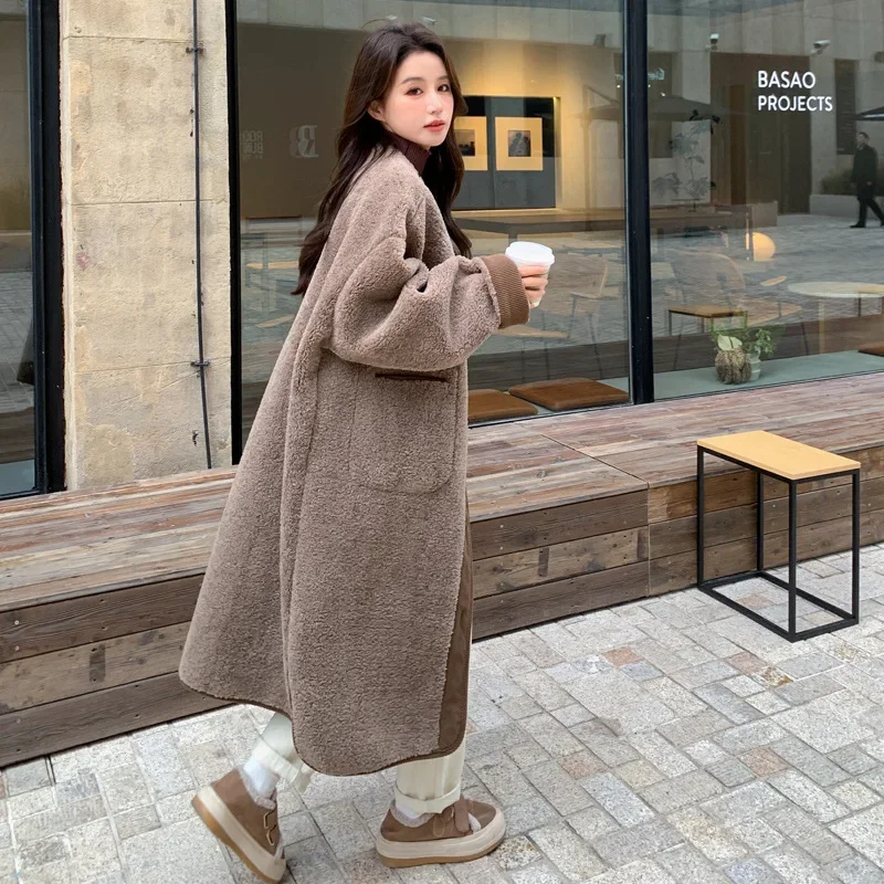 Coffee Colored Medium To Long Hooded Lambhair Coat for Women in Winter 2024, New Particle Velvet Loose Coat