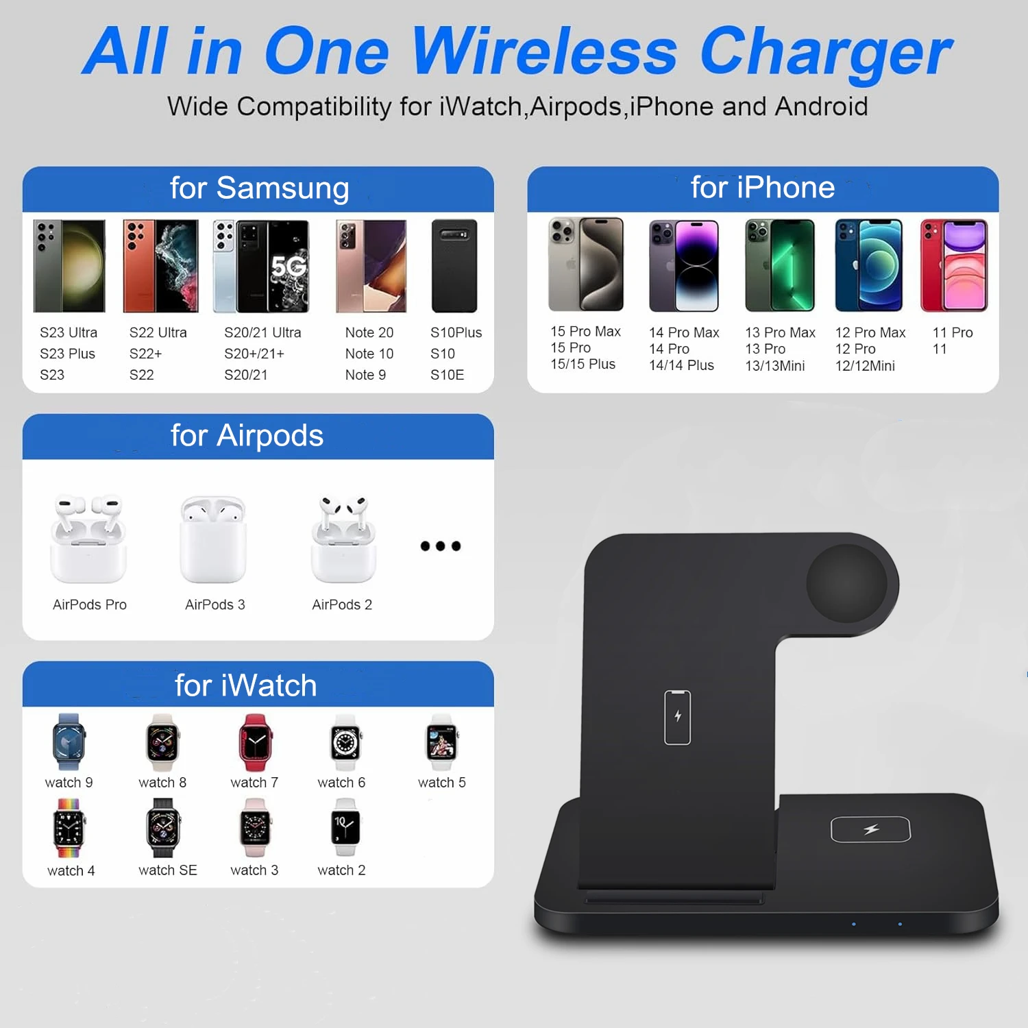 DCAE 15W Fast Wireless Charger Dock Station For iPhone 15 14 13 12 11 XR 8 Apple Watch 9 8 SE AirPods Pro 3 in 1 Charging Stand