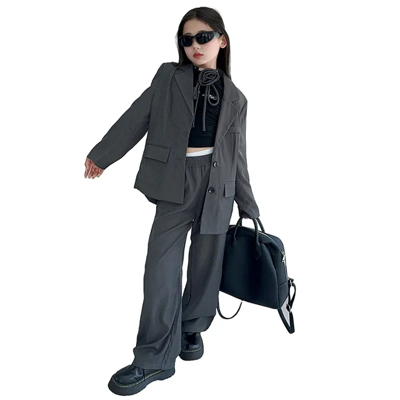 Suit for Girls Autumn 2024 New Fashion Grey Teen School Kids Clothes Set Blazer Trousers 2pcs Performance Outfit Formal Costumes