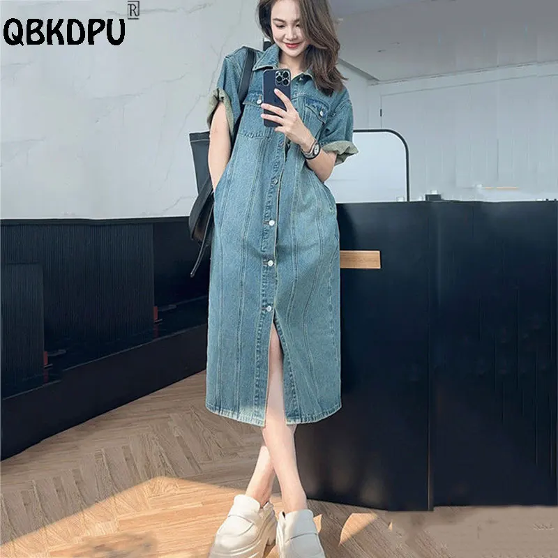 

Streetwear Straight Denim Dress Women Casual Summer Polo Collar Long Jean Dresses Vintage Wash Short Sleeved Vestidos Mujer