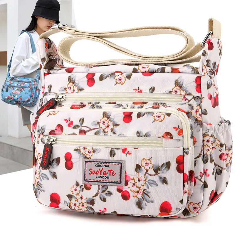 Bolsa tiracolo multi-bolso para mulheres, nylon impermeável, bolsa de ombro casual, bolsa mensageiro, padrão floral, bolsas com zíper, designer