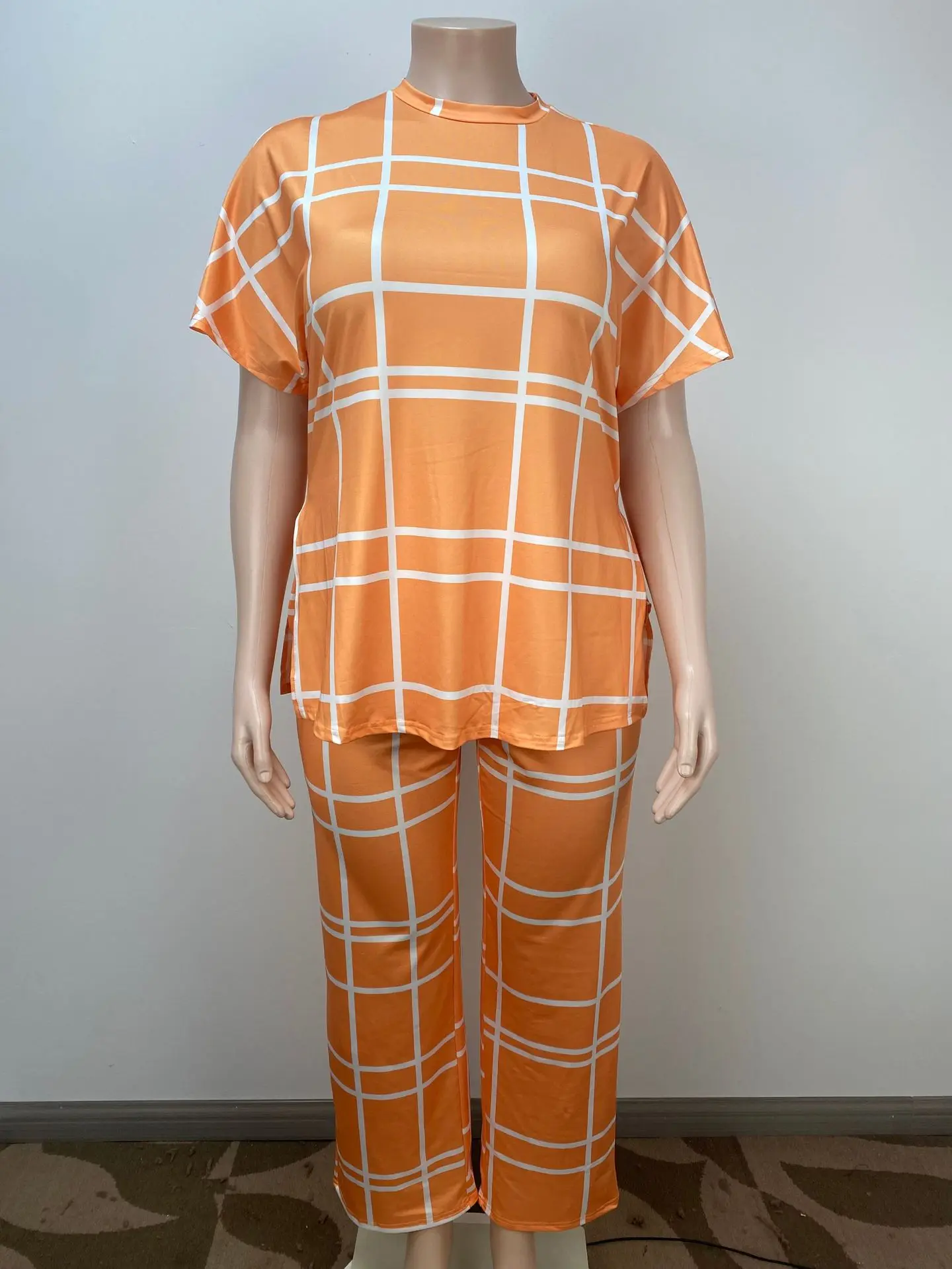 Spring Autumn New Women's Fashion Elements Striped Grid Printed Casual Round Neck Large Comfortable Two Piece Set