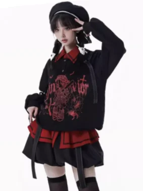 

Japanese Anime Print Button Sweatshirt College Style Sweet Cool Spicy Girl Patchwork Mini Puff Skirt Top Y2K Two-Piece Set Women