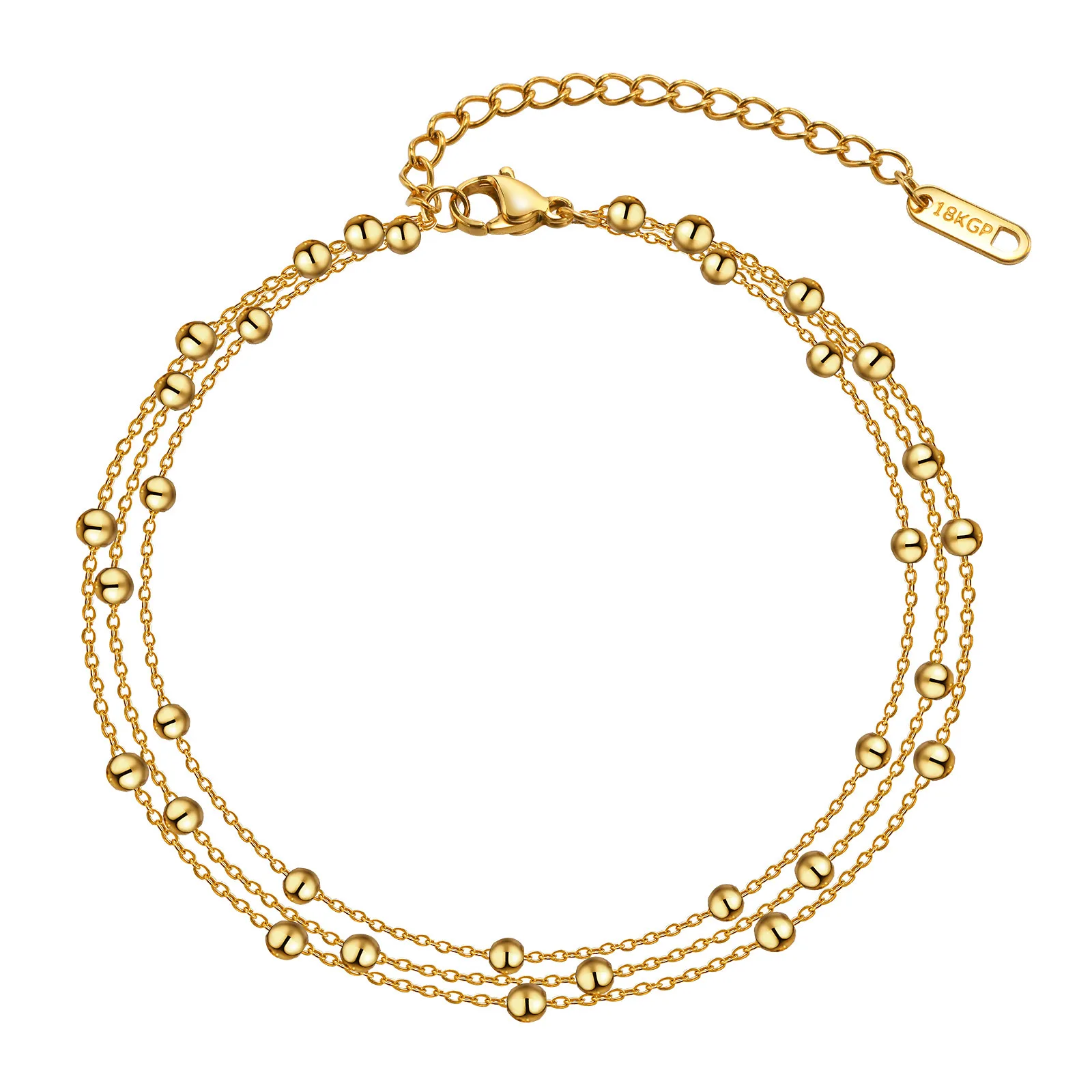 18k Gold Plated Stainless Steel Layered Chain With Beaded  Anklet Bracelet on Leg  for Women