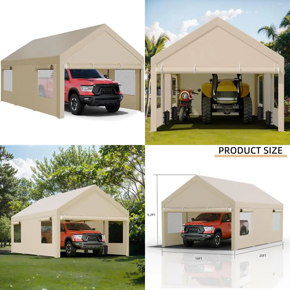 

Сверхмощный карпорт 10x20 футов с усиленными стальными опорами, съемными боковыми стенками, закатанными окнами и дверцами для наружного автомобильного навеса