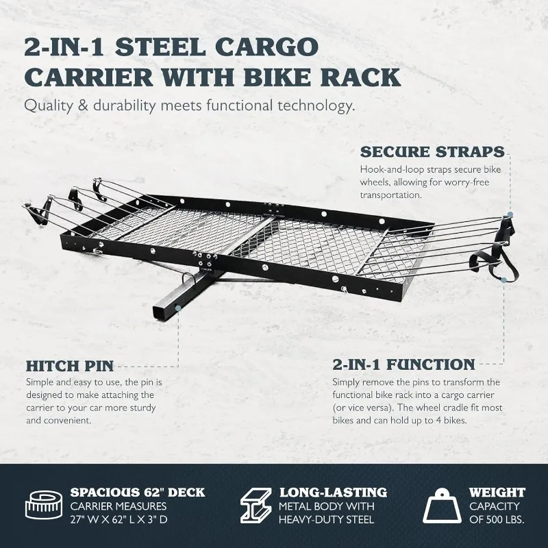 Steel Cargo Carrier Trailer Car or Truck Rear Bumper Bike Rack, Fits All 2 Inch Receivers, Black