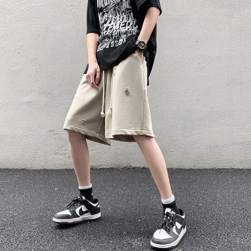 High Street Ripped Men Summer Retro Sports Cropped Pants
