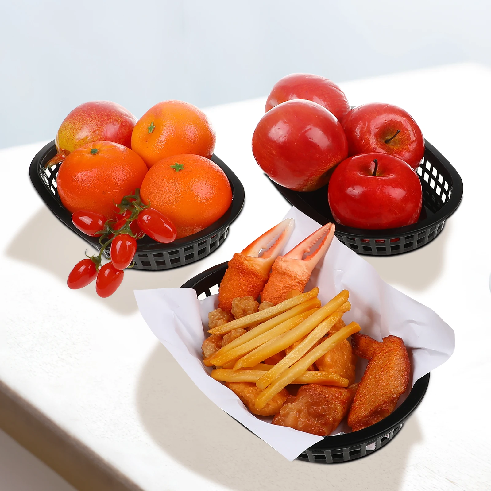 

Black Plastic Food Baskets Fast Food Serving Tray Hamburger French Fries Large Capacity Sturdy Structure Stackable Kitchen