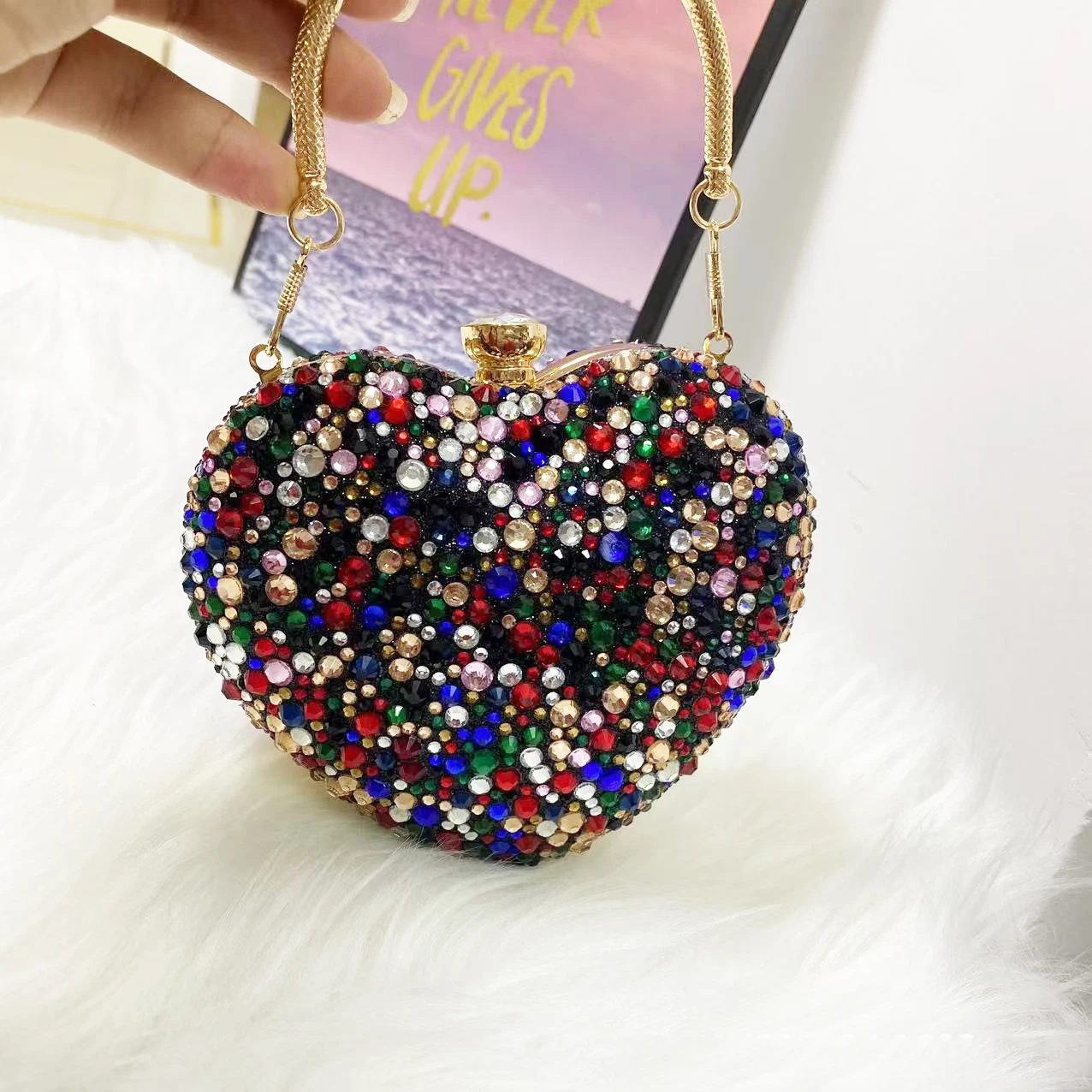 فاخر شكل قلب الماس كريستال مساء مخلب محفظة الأحجار حجر الراين حقيبة يد صغيرة لحفل الزفاف حقيبة كتف مقبض