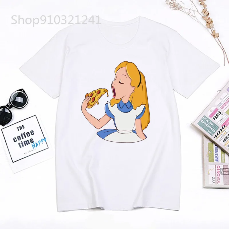 Cute Cartoon Women T Shirt Alice In Wonderland T-Shirt Girls Printing Trendy Harajuku Tshirt White Graphic Tops Female Clothing