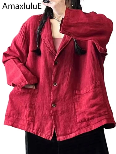 Chaqueta Blazer de Moda Coreana de Verano 2025 AmaxluluE, Chaquetas Holgadas de Lino Sólido para Mujer, Ropa Exterior Informal Vintage para Mujer, Abrigos de Algodón de Lujo