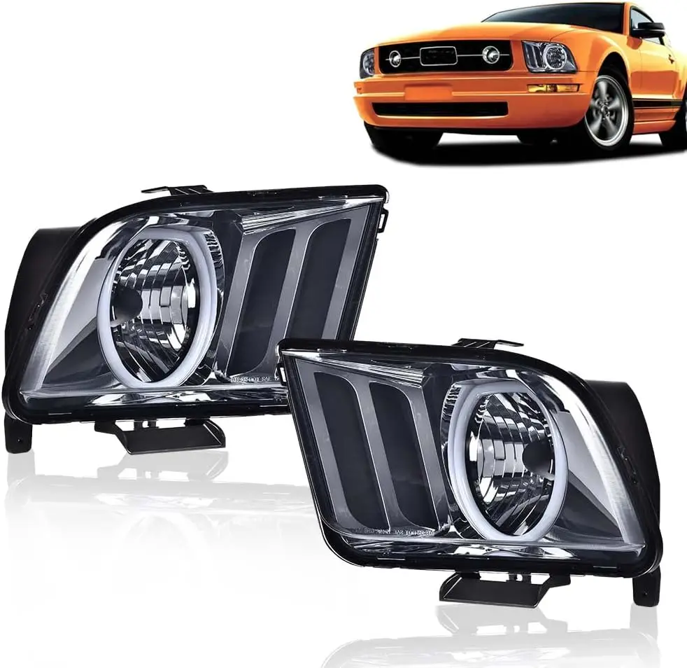 المصباح الأمامي، متوافق مع 2005-2009 Ford Mustang للمصابيح الأمامية للسائق وجانب الركاب، غطاء كروم بعدسة سموكي