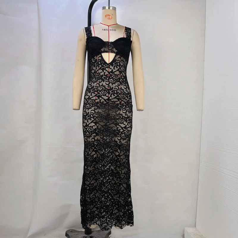 

ITOOLIN Women See Through Lace Hollow Out Sexy Maxi Dress Spaghetti Strap Sleeveless Bodycon Dress Street Party Vestido Summer