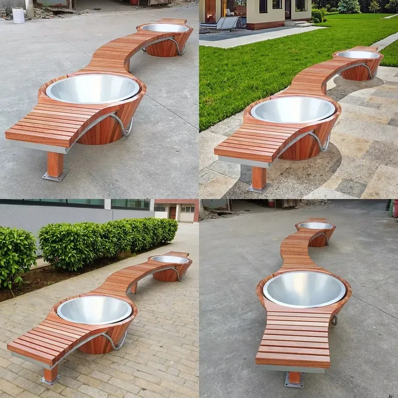 Modische Gartenbank aus Holz und Metall mit rundem Pflanzloch im Blumentopf-Design für städtische Plätze