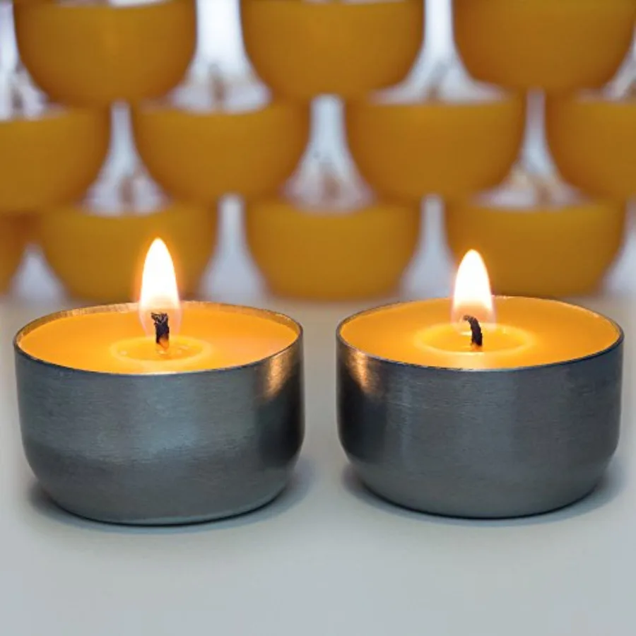 Serenibee Beeswax Tea Light Candles Refills with Two Custom Reusable Sturdy Steel Candle Holders and Reusable Cotton Bag Eco Fr