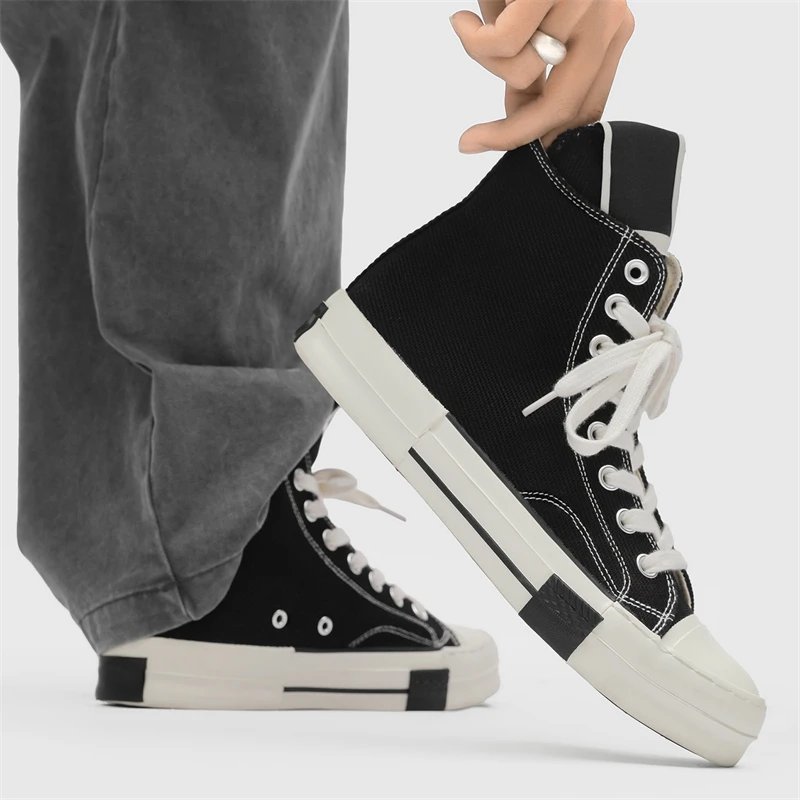 

Men's Spring Summer High-top Casual Shoes with Thick Soles, Black Color, Versatile, Anti-slip and Wear-resistant Canvas Shoes