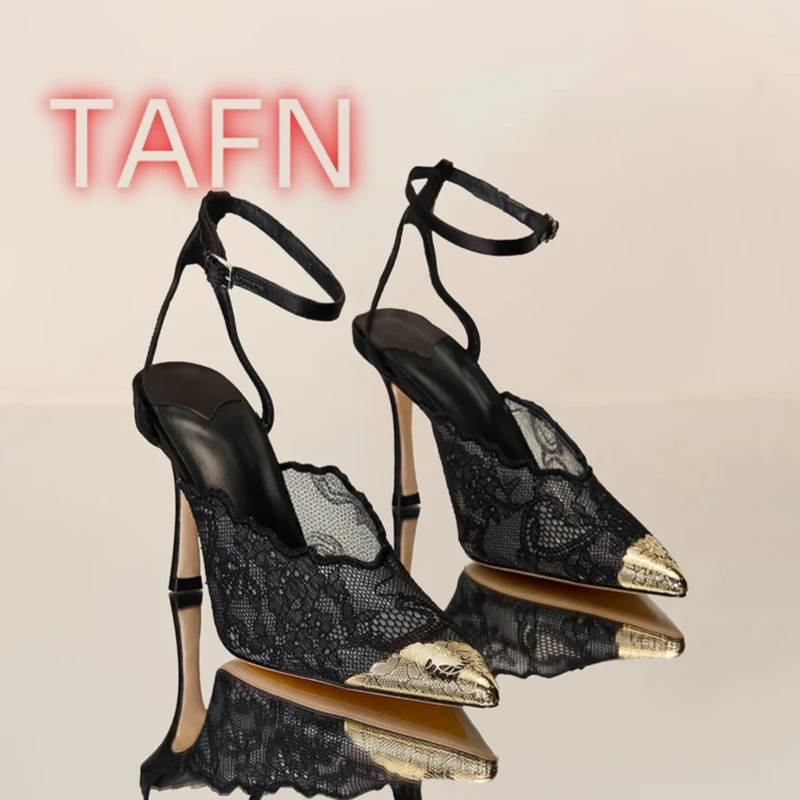 

Women's Elegant Black Lace Slingback Pumps, Gold Pointed Toe 9cm Stiletto Heel Pumps, Formal Party Wedding Dress Shoes for Women