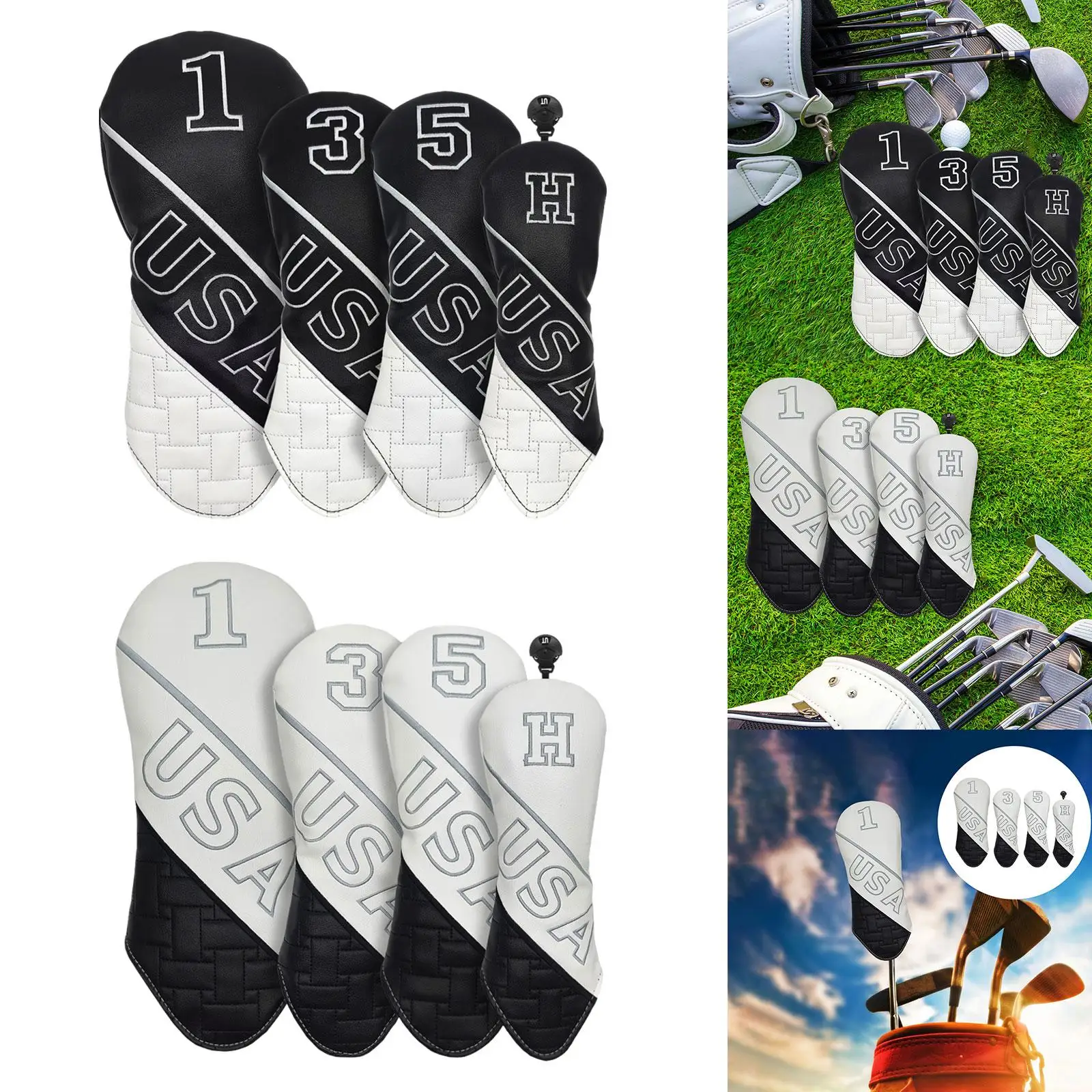 

4 Pieces Golf Club Head Covers Long Neck PU Leather Headcovers Golfer Adults