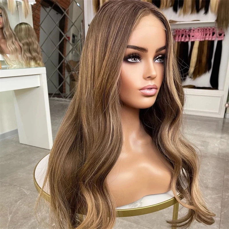 

Premium Quality Synthetic Fiber Ombre Honey Blonde Brown Colored Synthetic Lace Front Wig 150% Density Medium Size Cap Daily