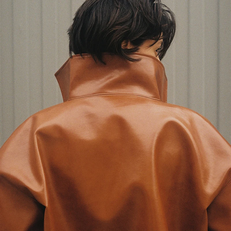 Rollkragen-Kurzjacke aus Kunstleder für Damen, Oversize-Streetwear mit Langen Ärmeln, Einfarbig, Locker Sitzende Mäntel, Schicke Damen-Oberbekleidung, Neue Kollektion – Detail 23