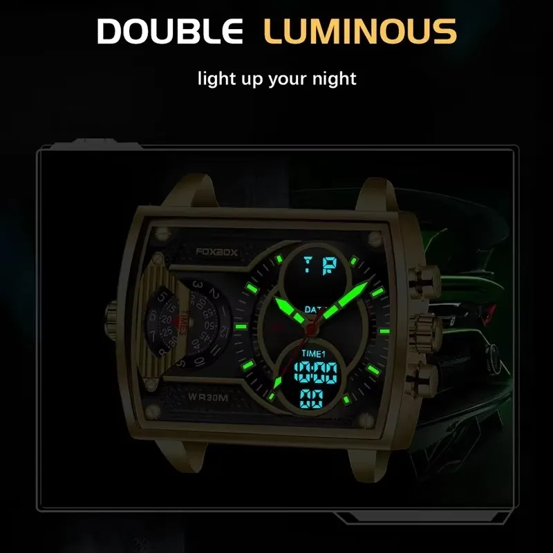 Orologi da uomo quadrati di moda FOXBOX Orologio da uomo di lusso delle migliori marche Orologio sportivo casual impermeabile con doppio display Relogios Masculino + scatola