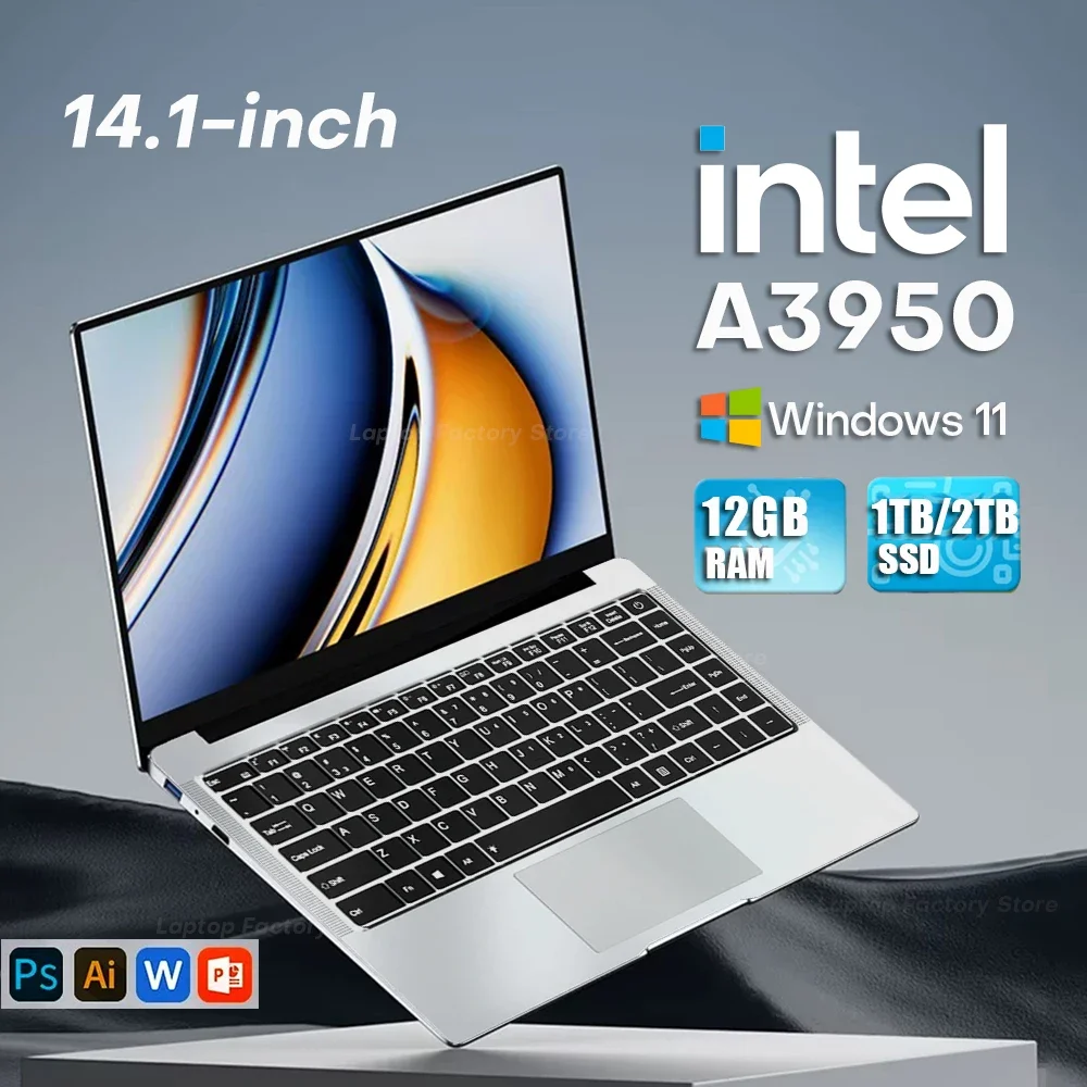 Erilles Ultra Slim – 14.1", 12GB RAM, 512GB/1TB SSD, Intel Atom A3950, Windows 11, birojam un studijām, kompakts un portatīvs.