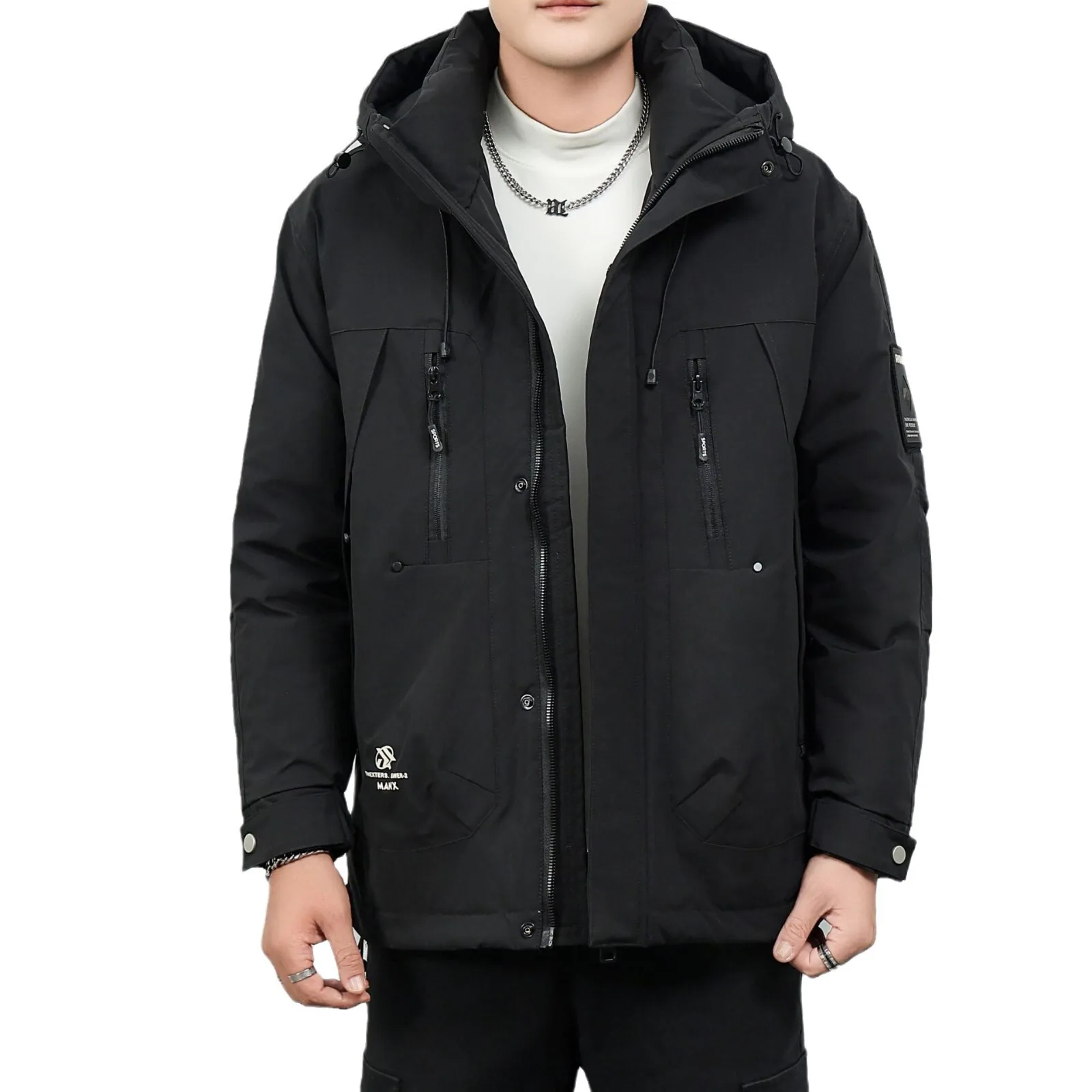 Cargo Daunen jacke Herren Winter trend ige Outdoor-Kapuze dicke warm weiße Enten Daunen jacke lässige Arbeits kleidung schöne Jacke Mann